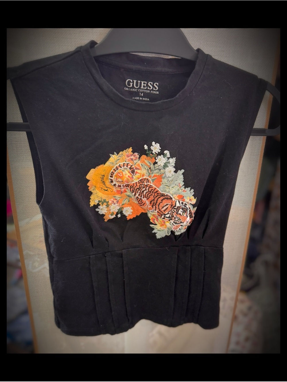 GUESS Black Tank Top with Embroidered Tiger & Floral Patch